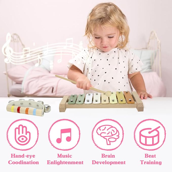 Baby Musical Instruments Montessori Wooden Toys for Toddlers, Neutral Colors Percussion Instruments Set, Modern Boho Xylophone Tambourin