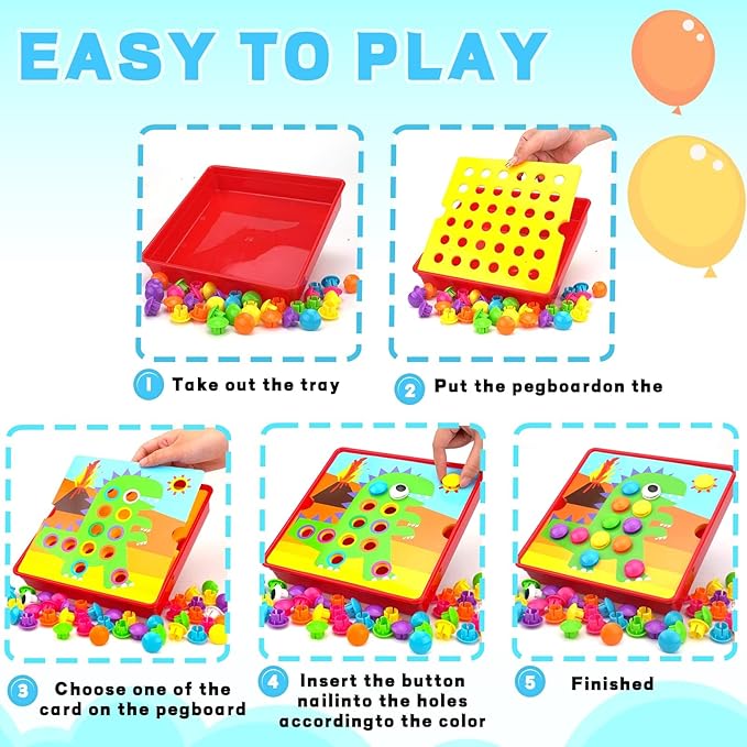 Button Art Toys for Toddlers 3-5 Years Old,Educational Color Matching Mosaic Pegboard & Fine Motor Skills Game,Early Preschool Learning Crafts Activity for Boys & Girls,Gifts for Kids Ages 3+