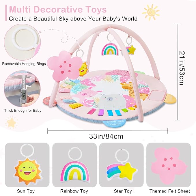 Baby Play Gym Mat Tummy Time Mat, Washable Baby Activity Play Mat for Sensory, Visual, Hearing, Touch Development, Baby Toys Shower Gift for Newborn