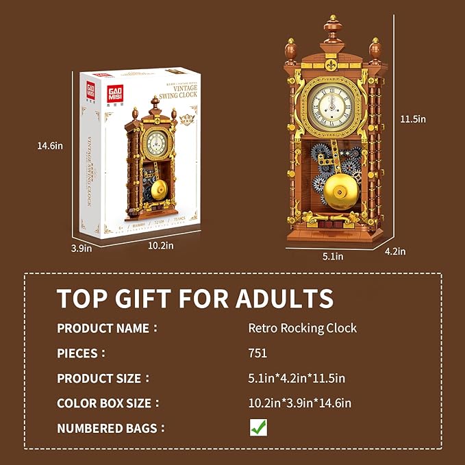Vintage Swing Clock Building Blocks Set – 751 PCS Real Working Mechanical Clock with Alarm, Moving Pendulum & Rotating Dial, Retro Steampunk Decor Gift for Adults & Teens, Compatible with Lego Sets