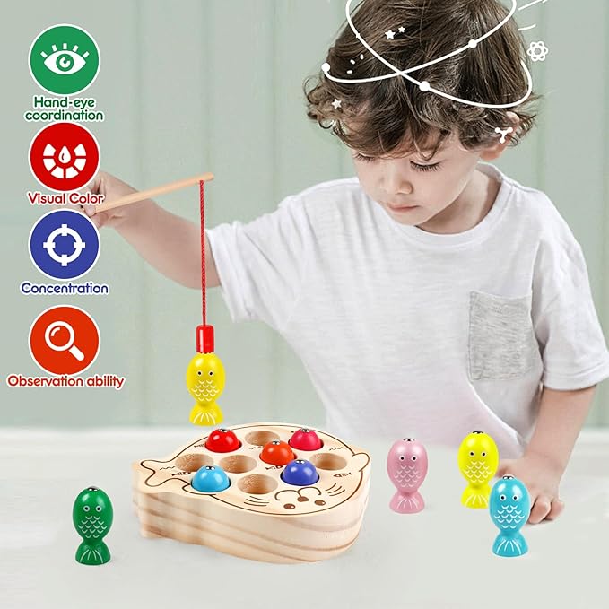 Wooden Magnetic Fishing Game for Kids 3-5,Montessori Preschool Educational Activities Learning Hand-Eye Coordination Fine Motor Skills Color Sorting Magnet Fish Toys for Boys Girls