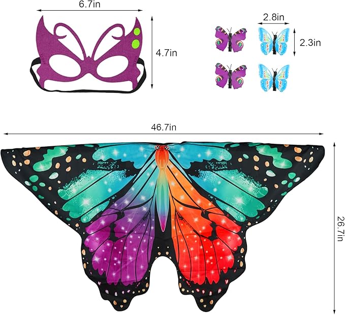 Butterfly Costume for Girls Fairy Wings Kids 4 Pcs(Cape,Skirts,Masks,Hair Clips) Butterfly Wings for Halloween Gifts