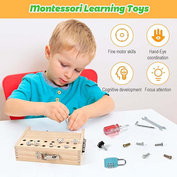 Wooderma Montessori Screwdriver Board Set, with Lock and Key, Wooden Montessori Toys for 3 4 5, Toddler Screwdriver Toy, Kids Tool Set, Preschool Learning Sensory Toy, Fine Motor Skills Toys