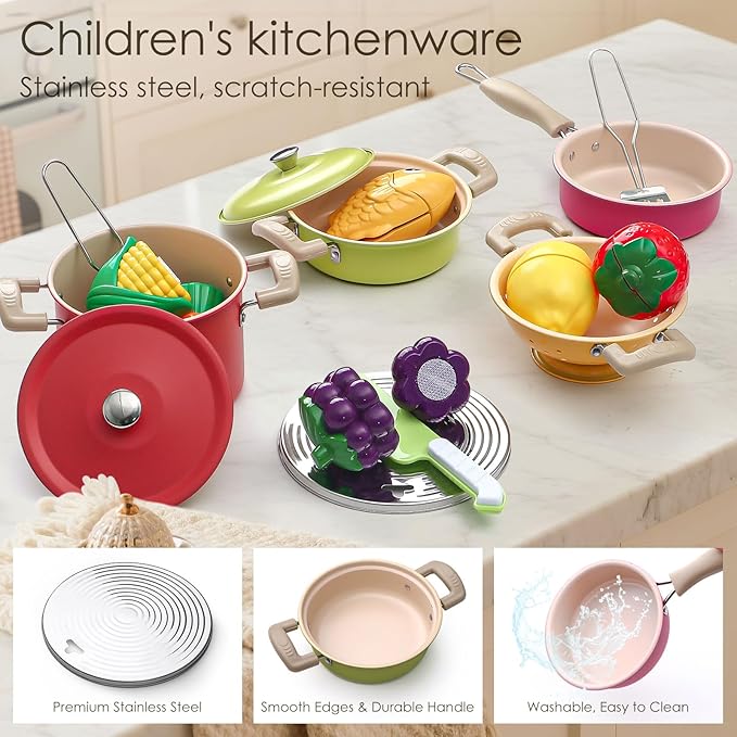 Golray Play Kitchen Accessories, Play Food Sets for Kids Kitchen Playset with Pots and Pans Set, Cooking Utensils, Organizer, Food Toys, Apron & Condiments, Birthday Gifts for Girls Boys Toddlers