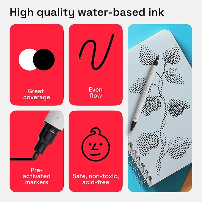 ARTISTRO 5 Black Dual Tip Brush + Fine Acrylic Paint Pens Ideal for Calligraphy - Paint Markers for Fabric, Rock, Glass, DIY - Stocking Stuffers, Christmas Gift Idea for Teens, Grandkids, Kids