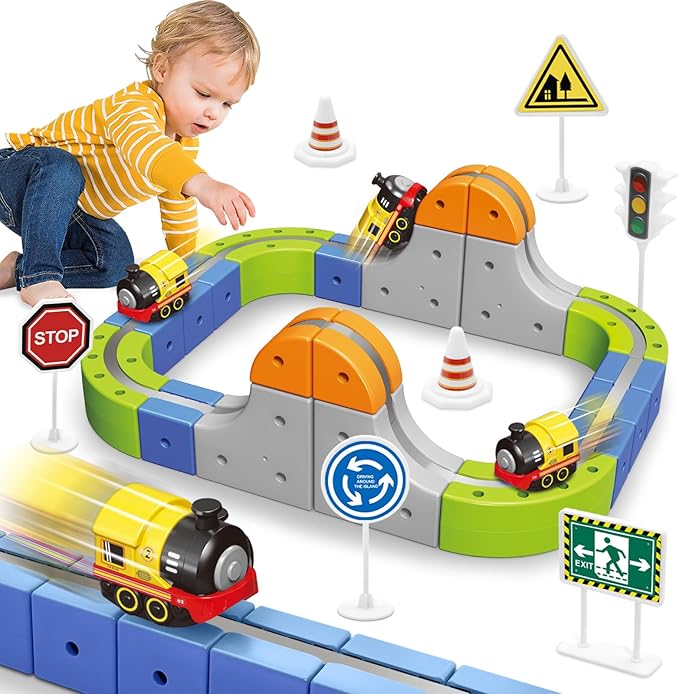 Magnetic Track Car Toys, 55PCS Flexible Race Car Track Sets for Toddlers with Electric Train, Traffic Signs, Kids Train Set Toys for 3 4 5 6 7 8 Year Old Boys Girls Birthday Party Gifts-Small