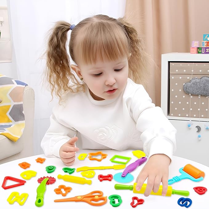 Dough Tools 55 PCS Dough Play Tools Set for Kids, Plastic Alphabet Numbers Shapes Cutters, Rollers, Scissors