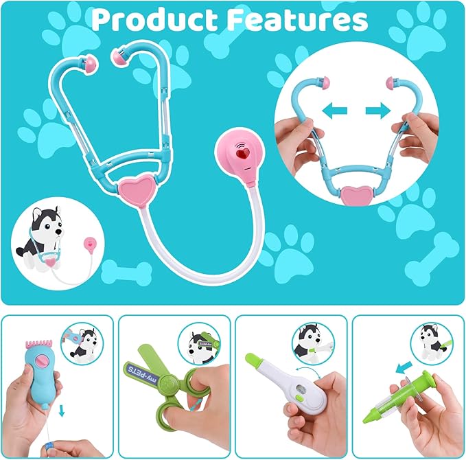 MAGIC4U Pet Cat Care Carrier Suitcase Toy, 29PCS Doctor Vet Kit for Kids, Pet Dog Grooming Feeding Toys, Veterinarian Pretend Play Set, Gifts for Boys and Girls Ages 3-12