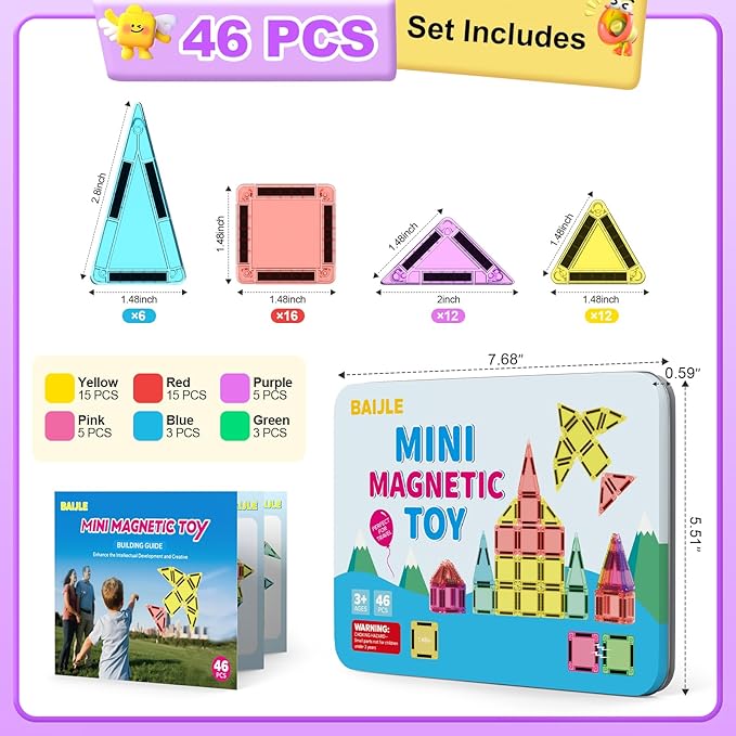 46PCS Mini Magnetic Tiles, Portable Magnetic Toys Travel Set with Iron Case for Kids Ages 4-8,Creativity Boosting Building Toys Set,Toddler Puzzle Birthday Gift Toys for Boys and Girls Ages 3+