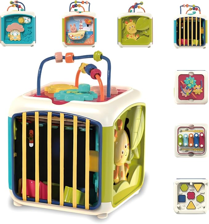 PlenPLAY 7-in-1 Activity Cube for Toddlers 1-3 - Educational Toy with Shape Sorter, Abacus, Xylophone, Peekaboo, Slides, and Gears - Sensory Toys for Toddlers 1-3