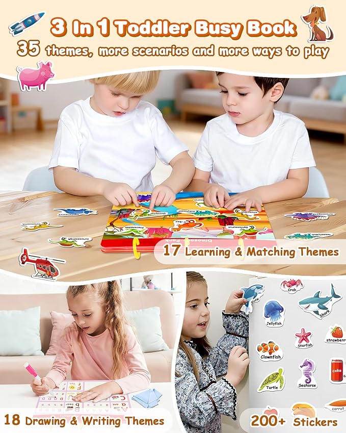 Montessori Busy Book & Tracing Activity Coloring Books & Jelly Stickers 3-in-1 for Toddlers 3-5, Preschool Learning Activities Book with 35 thems ,Autism Sensory Toys, Travel Christmas Birthday Gifts