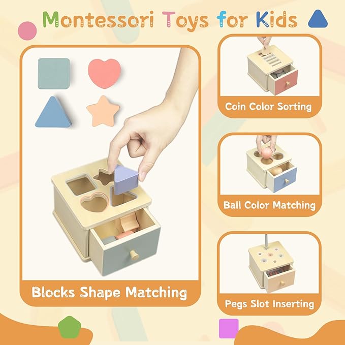 Montessori Toys for 2 3 4 5 Year Old - Wooden Object Permanence Box with Drawer Sensory Toys Shape Sorter Color Sorting Education for Baby Toddler Boy Girl Drop Busy Box (B-Blocks)