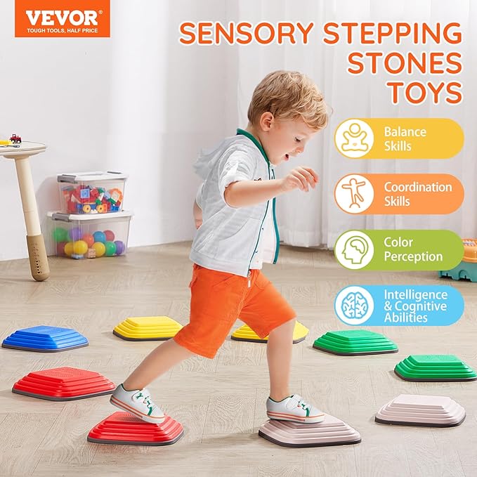 VEVOR Balance Stepping Stones for Kids, 10 PCS, Up to 220 lbs, Non-Slip Toddlers Sensory Stepping Stones, Obstacle Course Coordination Game Toys Indoor or Outdoor Play for Children Aged 3 4 5 6 7 8+