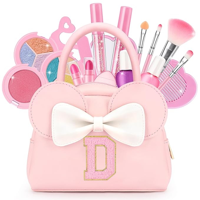 Kids Real Makeup Kit for Girls - 18Pcs Non-Toxic Washable Make Up Toys with Initial Toddler Purse - Personalized Birthday Gifts for Age 3 4 5 6 7 8 9 10 Years Old Girls Vanity Set - D