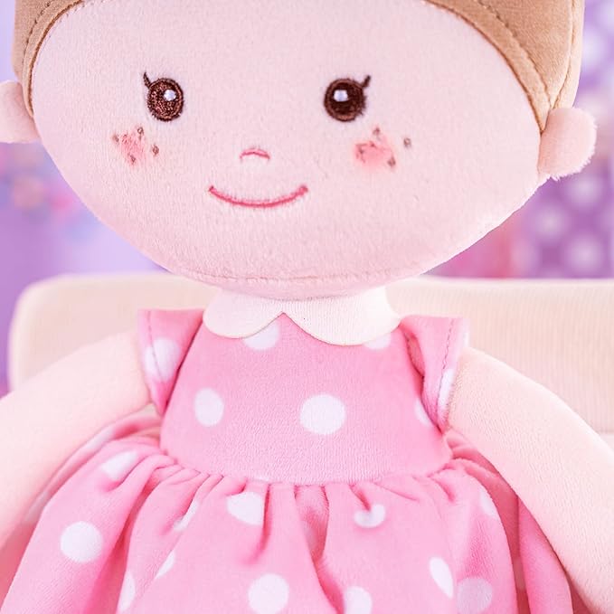 Onetoo Plush Rag Doll Sleeping Cuddle Buddy Doll Soft Baby Doll for Girls First Baby Doll Wear Pink Skirt Dress 14"（Milly Series）