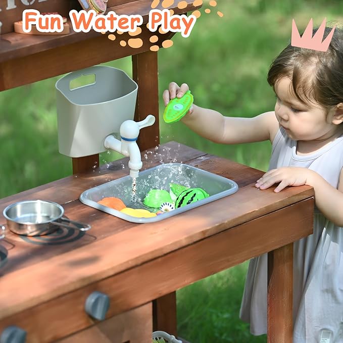 Outdoor Mud Kitchen for Kids 43.7in, Wooden Play Kitchen with Plant Growing Box, Observation Room, Sink, Faucet for Backyard Garden
