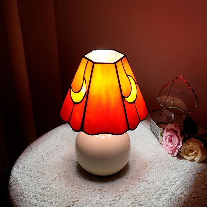Mushroom Lamp Tiffany Stained Glass Moon lamp Cute Small Bedside Table Lamps for Living Room Home Decor,Girls Women Birthday Christmas Thanksgiving Day Gift,Red