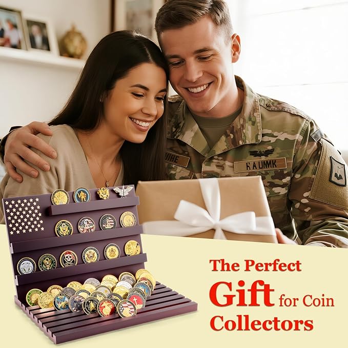 Challenge Coin Display Stand - 11 Rows Military Coins Holder Rack, Wooden Coin Collection Case for Table Top Display
