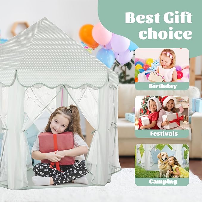 Princess Castle Tent for Girls Fairy Play Tents for Kids Blue Hexagon Playhouse with Fairy Star Lights Toys for Children or Toddlers Indoor or Outdoor Games (Green Princess Tent)