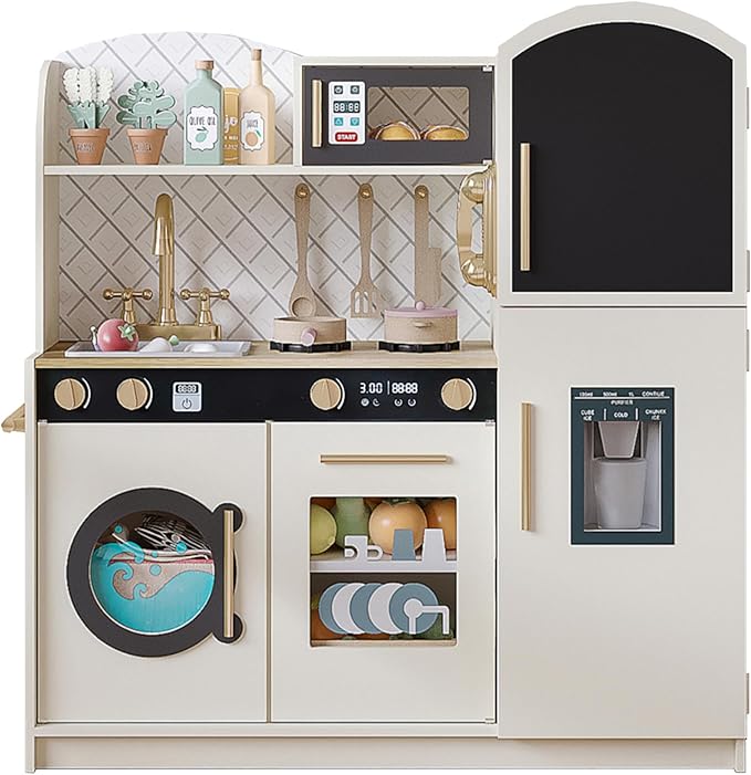 Treocho Play Kitchen for Kids, Wooden Toddler Kitchen Set with Storage, Modern Design Toy Kitchen with Faucet&Sink, Stove, Chalkboard, Icemaker and Various Accessories for Kids Ages 3+, Cream