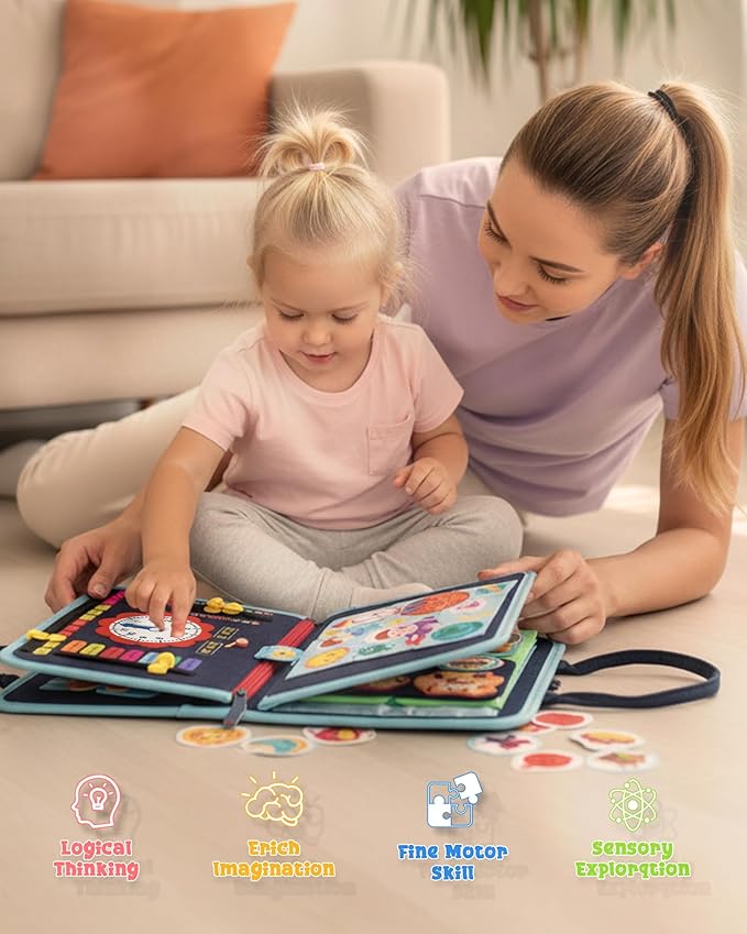 Montessori Busy Board for Toddlers Ages 1-4, Busy Book with 8 Pages Educational Sensory Activities, Learning Toy for Fine Motor Skills, Travel Toy for Airplane or Car, Birthday Gift for Boys & Girls