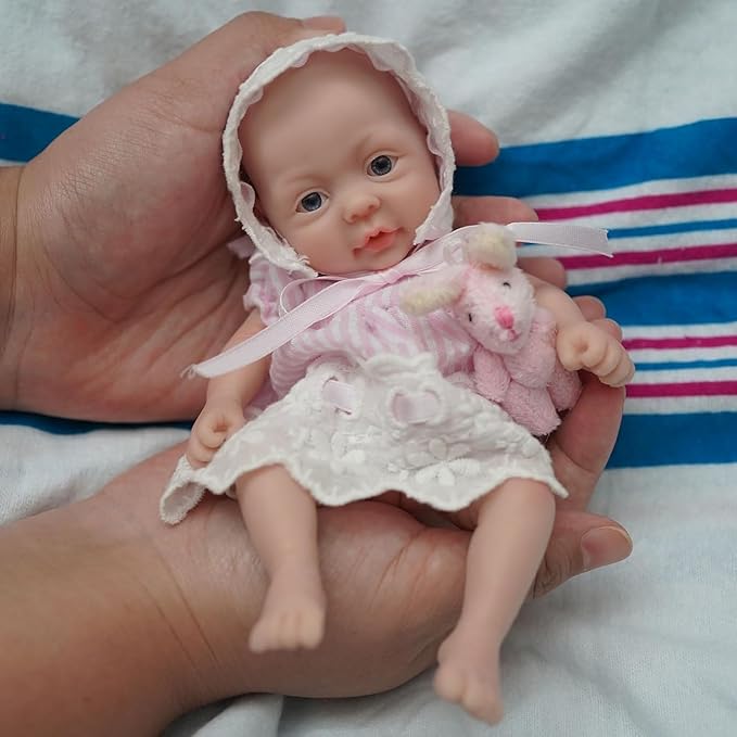 7" Mini Silicone Baby Girl, Silicone Full Body Baby Soft Skin Realistic Newborn Baby Dolls Real Life Tiny Baby Doll with Feeding Accessories