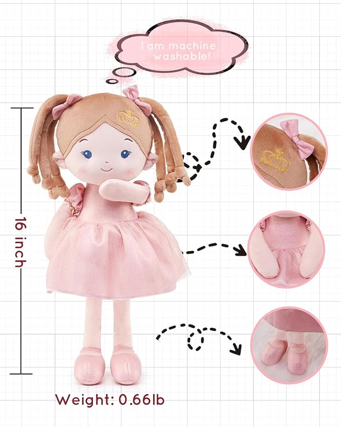LeyaDoll Personalized Soft Baby Doll Toys for Girls (16''), My First Christmas Dolls, Leya Doll Baby Rag Doll Plush Toys for Toddler Kids Infants -Princess-Coral
