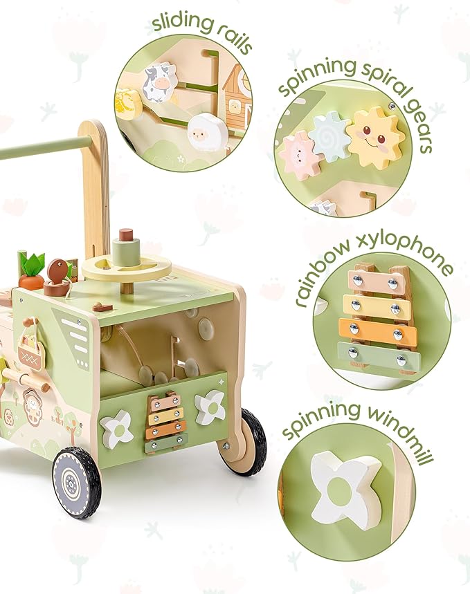 ROBOTIME Wooden Baby Walker Push Toy for Toddlers, Baby Push Walker with Wheels, Farm-Themed Activity Center for Girls & Boys, Adjustable Speed Walker for Baby Learning to Walk