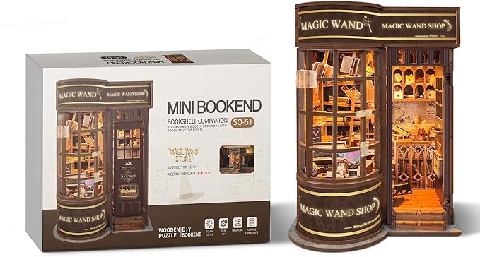 DIY Book Nook Kit,DIY Miniature Dollhouse kit,3D Wooden Puzzle Magic Bookend Bookshelf Insert Decor with Led Light,Gifts for Adults Teens and Beginners -Magic Wand Shop(SQ-51)