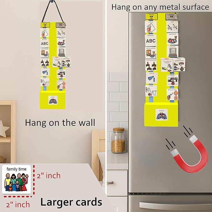 Two Strip Night & Day Daily Schedule Great Visual Behavioral Tool for Structure at Home, School & in The Community. (Yellow Magnetic -2 Strips, 133 Icon Plastic Cards)