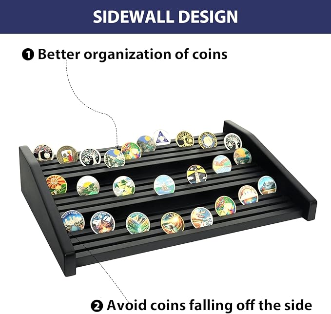 Challenge Coin Display Holder, 12 Rows Solid Wood Military Coin Stand Holds 80-100 Coins, Army Coin Display Rack for Desk (Black Finish)
