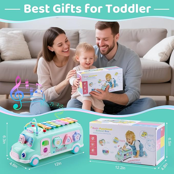 Baby School Bus Xylophone Toy for Toddlers 1-3, 5-in-1 Montessori Musical Bus Toys Gifts for 1 Year Old Baby Girl, Shape Sort Toys Knocking Xylophone Educational Instruments Birthday Gift Boy Girl