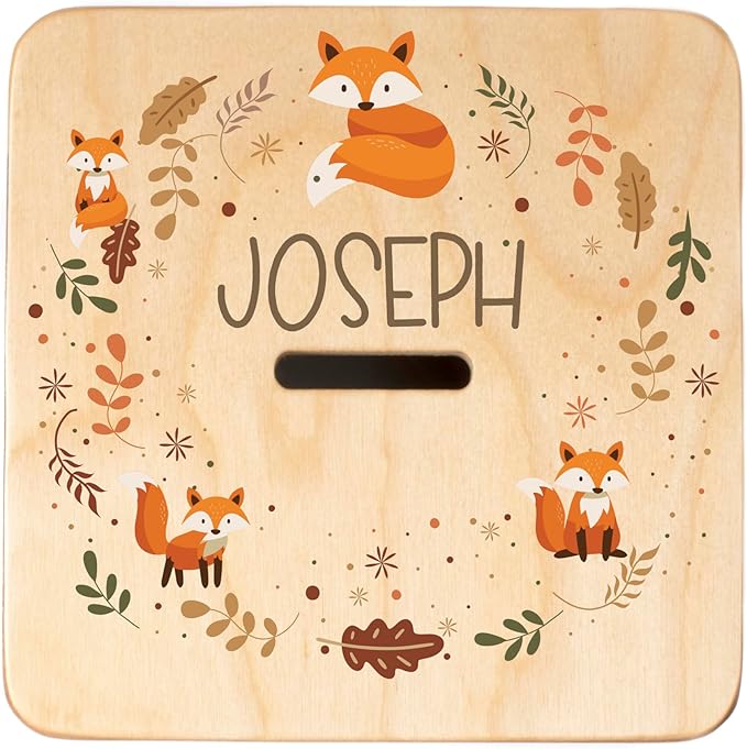 Wooden Piggy Bank for Kids and Adults, Personalized Gift Handmade in USA by BloomOwl, Custom Piggy Bank, Personalized Banks for Kids, Gifts for Baby Boys and Girls (Woodland Friends) (Woodland- Fox)