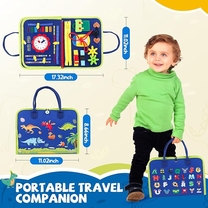 Toddler Busy Board, Montessori Sensory Toys for Boys, 1-4 Year Old Girl Toddler Travel Toys, Educational Learning Activities Board for Motor Skills, Birthday Gifts for Airplane Car, Blue Dinosaur