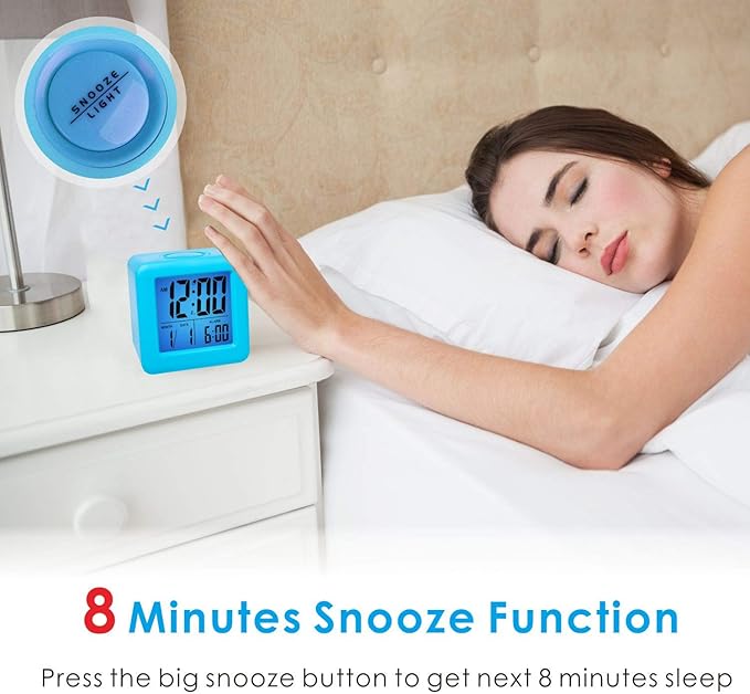 Plumeet Digital Alarm Clock Kids with Snooze and Nightlight - Easy Setting Silicone Clock Display Time, Date - Loud for Bedroom - Battery Powered (Blue)