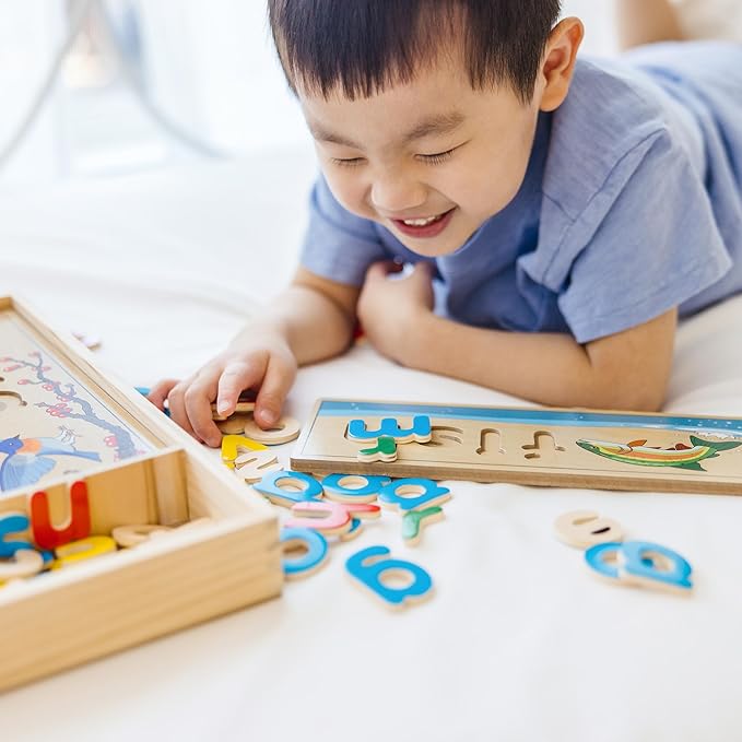 Melissa & Doug See & Spell Wooden Educational Toy with 8 Double-Sided Spelling Boards and 64 Letters Preschool Learning Activities, See & Spell Learning Toys for Kids Ages 4+