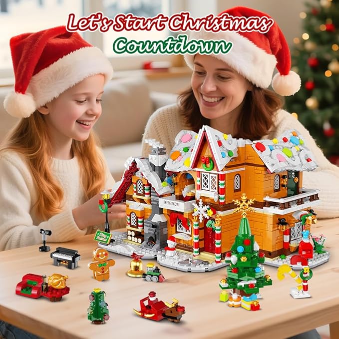 HOGOKIDS 2025 Advent Calendar Gingerbread House Mini Building Set with Light, 24 Days Countdown 3 Style Christmas Village Blocks Toy with Xmas Tree, for Adults Kids Boy Girls Ages 10+