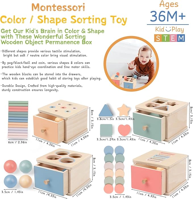 Montessori Toys for 2 3 4 5 Year Old - Wooden Object Permanence Box with Drawer Sensory Toys Shape Sorter Color Sorting Education for Baby Toddler Boy Girl Drop Busy Box (C-Balls)
