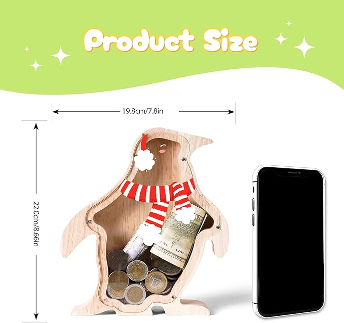 Wooden Christmas Piggy Bank for Kids, Adorable Penguin Piggy Bank with Acrylic Panels, Unbreakable Toddler Money Box for Boys Girls, Cute Saving Coin Jar for Birthday, Decor