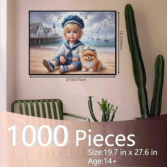 Tucocoo 1000 Piece Jigsaw Puzzle for Adults, Nautical Boy with Puppy on Beach – Sailor Outfit, Lighthouse, Sailboats, Whimsical Ocean Puzzle, Coastal Scene Jigsaw, Art Puzzles Gift, Family Game Night