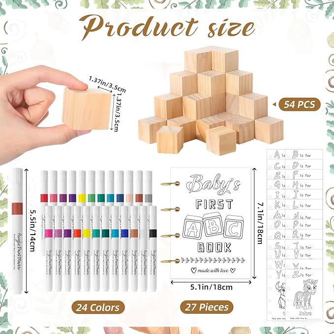 146 Pcs Baby Shower Game Sign Set Includes Decorative Square 54 DIY Blank Wooden Blocks 24 Paint Markers 27 Page Baby‘s First ABC Book (Fox)