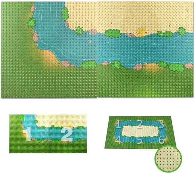 Taken All Grassland Rivers Pattern Baseplate 10" x 10" - Building Brick Base Plate Perfect Combination with Major Brands,for City Roads Building Blocks Kids Toy (1 Straight + 1 Curve)
