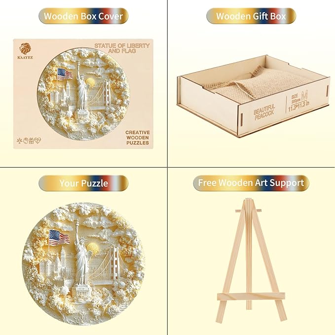 Wooden Puzzles for Adults,Statue of Liberty and Flag Puzzle, Unique Shaped Wooden Jigsaw Puzzles for Adults, Family Puzzle(100 Pieces 11.4X 11.4in 194pcs)