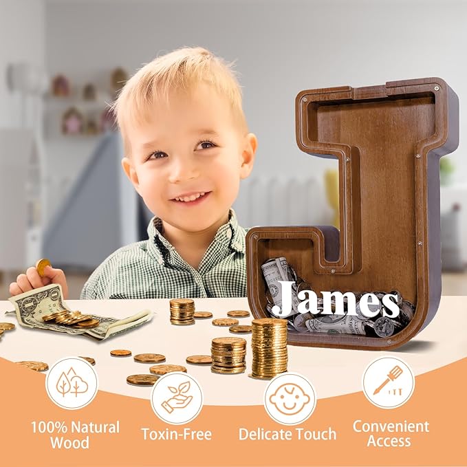 Wooden Letter Piggy Bank for Kids Larger Letter Piggy Bank for Boys and Girls Personalized Piggy Bank Initial Coin Bank Wood Kids Money Bank for Birthday and Festival