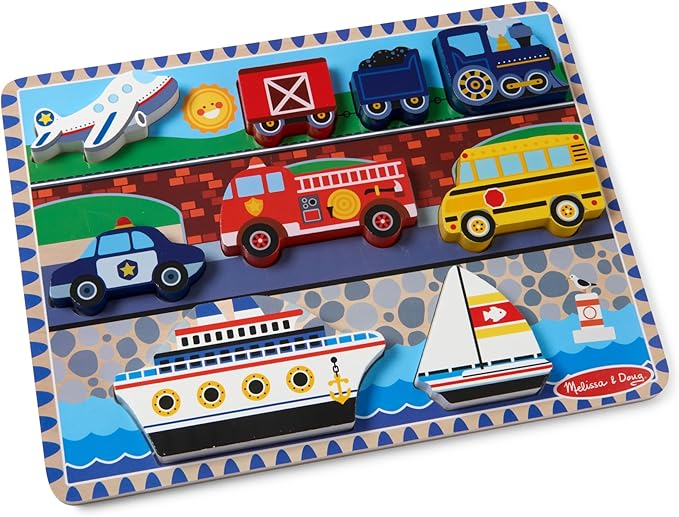 Melissa & Doug Vehicles Wooden Chunky Puzzle (9 pcs), Educational Screen Free Activity for Toddler, Preschoolers And Kids Ages 2+- FSC Certified
