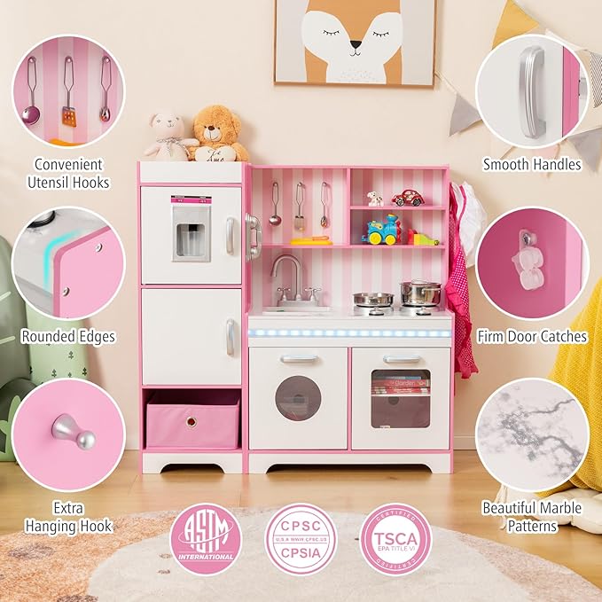HONEY JOY Kids Kitchen Playset with Lights, Wooden Little Chef Toy Kitchen Set with Storage Bin, Ice Maker & Oven & Stove, Cooking Utensils, Play Kitchen for Toddlers, Gift for Boys Girls, Pink