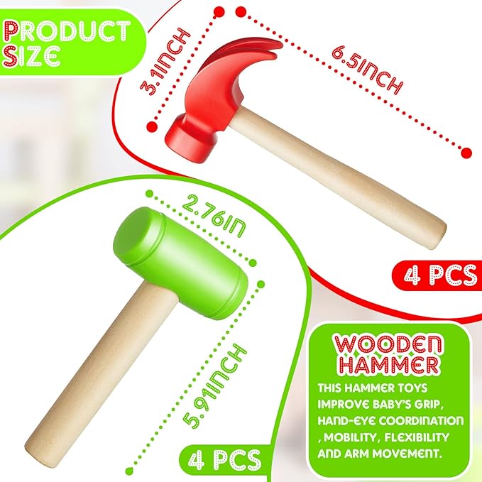 Deekin 8 Pcs Toy Hammer Simulation Small Wooden Plastic Maintenance Tools Hammers Educational Toys for Teens Girls Boys School Birthday Games Party Supplies (2 Style Toy Hammer)