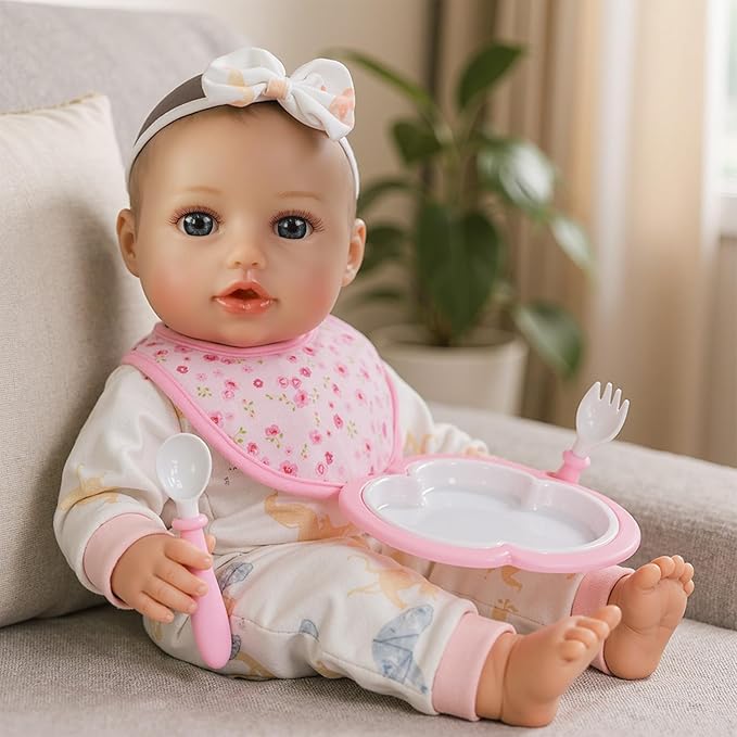 SCOM First Baby Doll Girl - 16 inch Realistic Soft Doll with Accessories, Silicone Real Lifelike Baby with Cloth Body & Vinyl for Kids 3 4 5 6 + Year Old Gifts