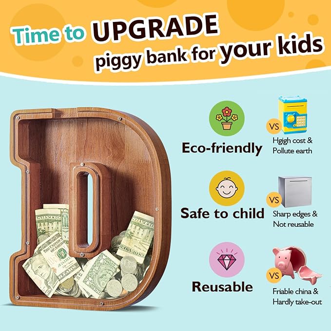 Summidate Large Wooden Piggy Bank for Kids Adults, Alphabets Letter A-Z Piggy Bank for Boys Girls, Coins Bills Change Bank Box Personalized Initial Name Kids Money Bank for Birthday Present and Decor
