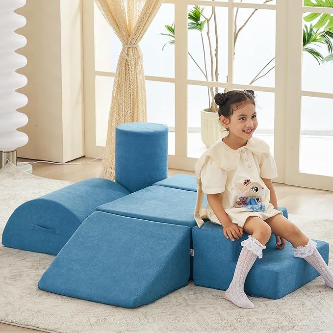 jela Kids Foam Climbing Blocks 6Pcs Soft Play, Toddler Climbing Toys Indoor Soft Play ClimbingSet, Lightweight Climbing Blocks for Babies, Crawling Foam Playset for Toddlers (Miss Fabric Teal)
